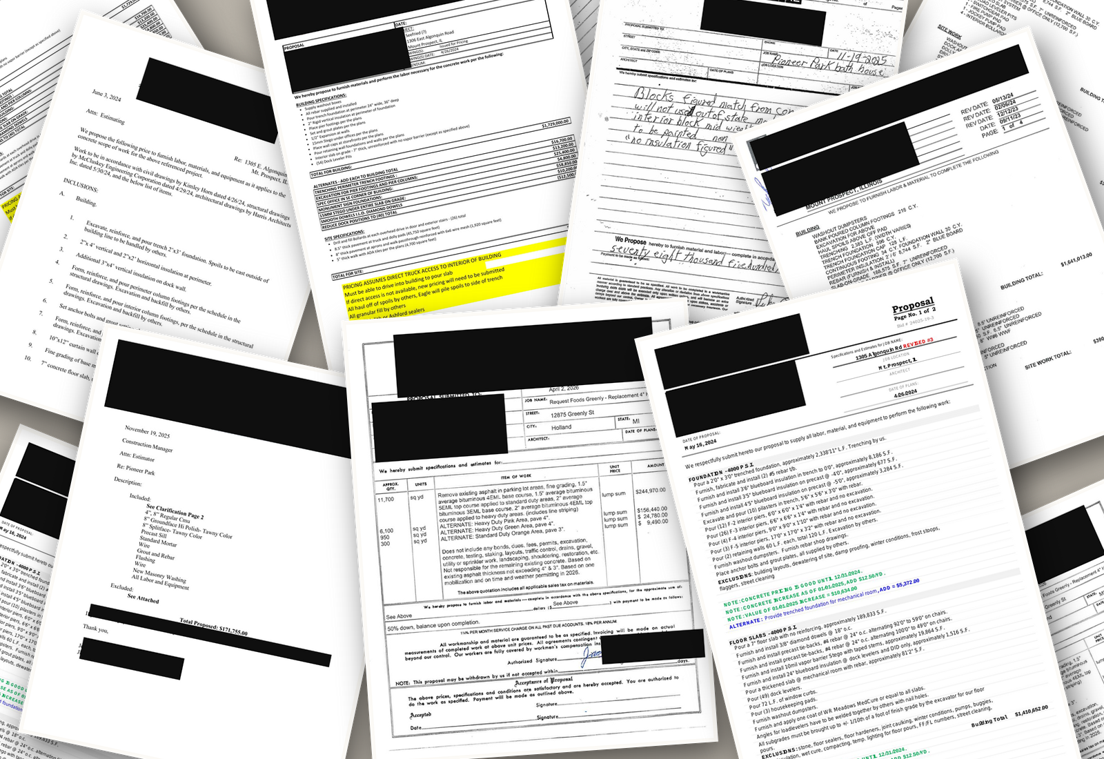 A fanned stack of subcontractor proposals in different formats with identifying info redacted
